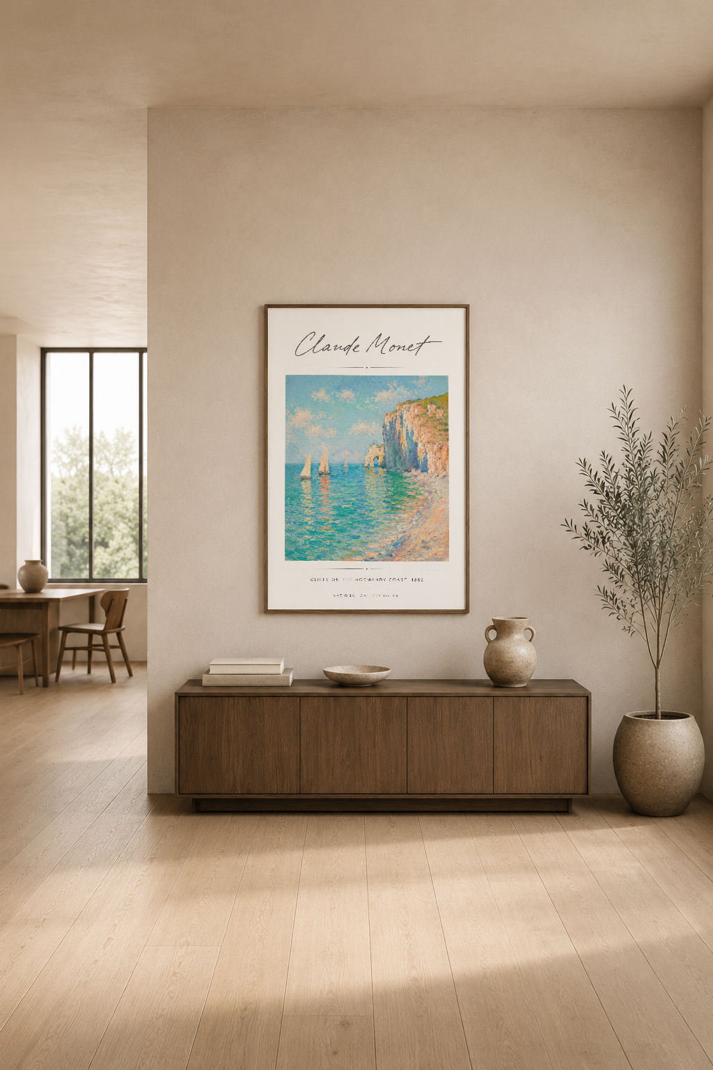Deniz manzarasını anlatan Monet posterinin, ahşap aparatörlü şık bir oturma alanındaki zarif sunumu.