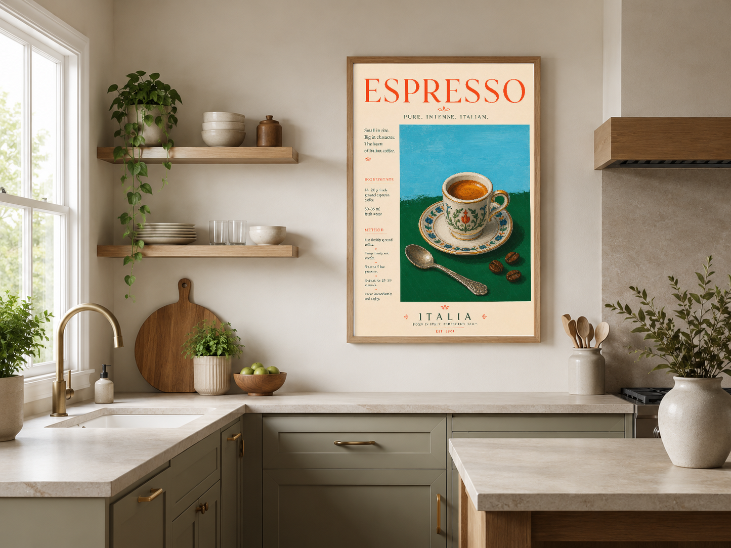 Ahşap çerçeveli vintage espresso posteri, mutfak ortamında ısıtıcı ve sakin bir atmosfer yaratan sanat eseri.