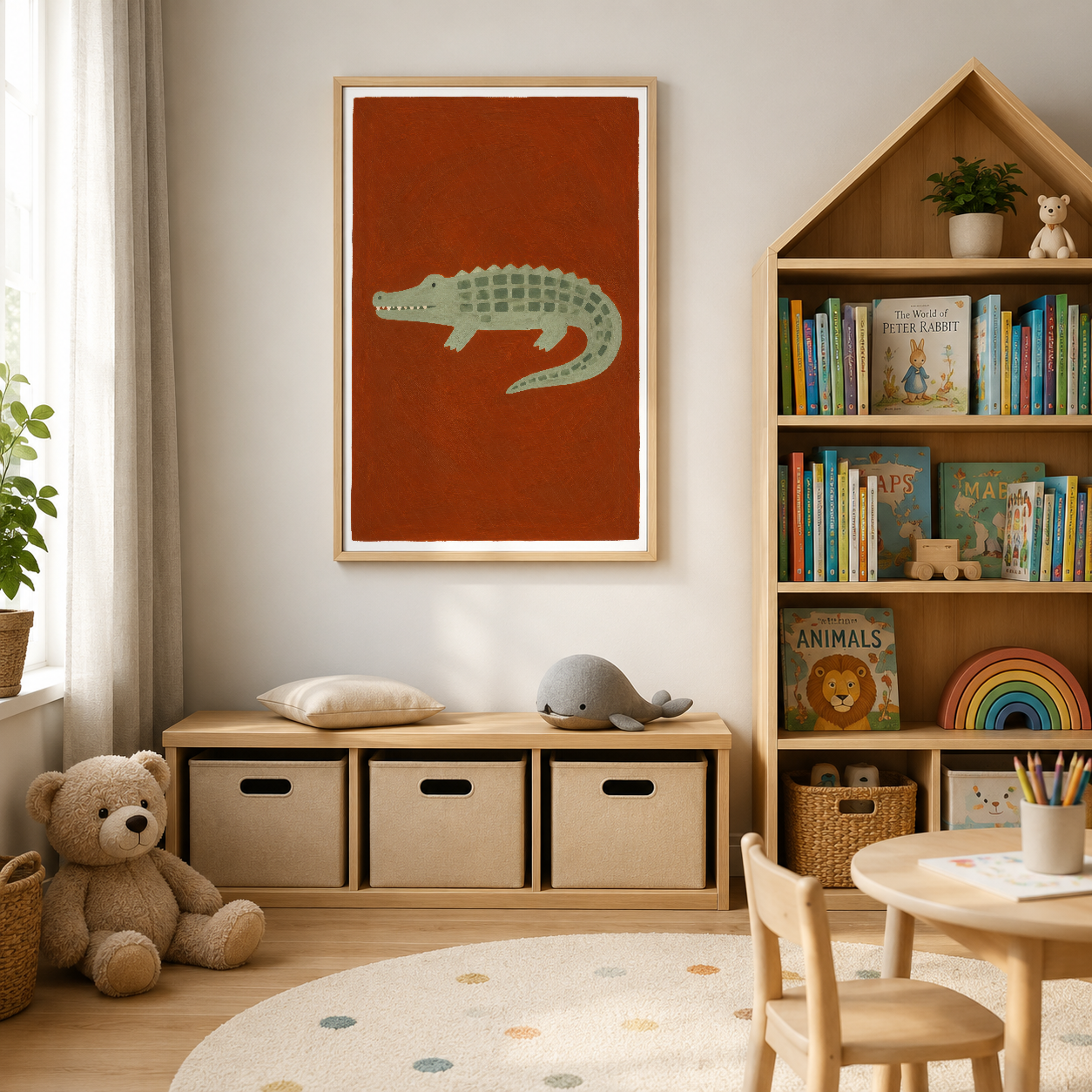 Yeşil timsah figürü, terrakotta fonda, ahşap çerçeve, çocuk odası dekorasyonunda sanat eseri.