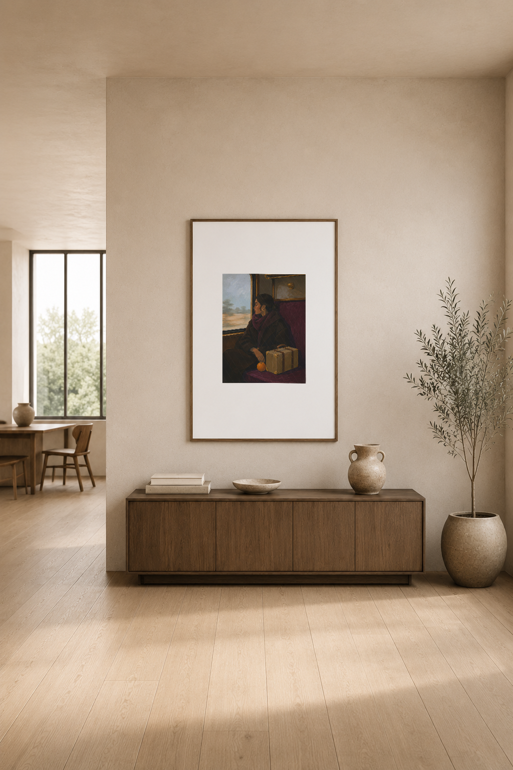 Modern minimalist oturma odasında konsol üstüne asılmış, nüans ve derinlik yansıtan figüratif tablo.