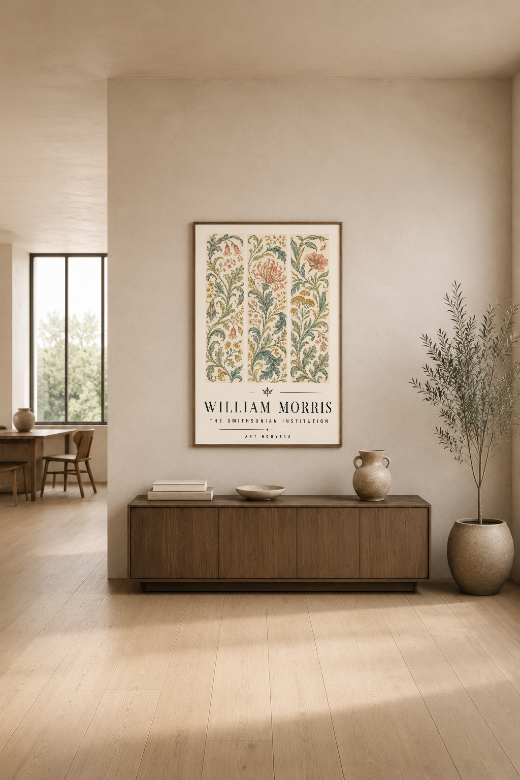 William Morris botanik çiçek motifi tablosu, modern minimalist oturma odasının açık duvarında sergilenmişi.