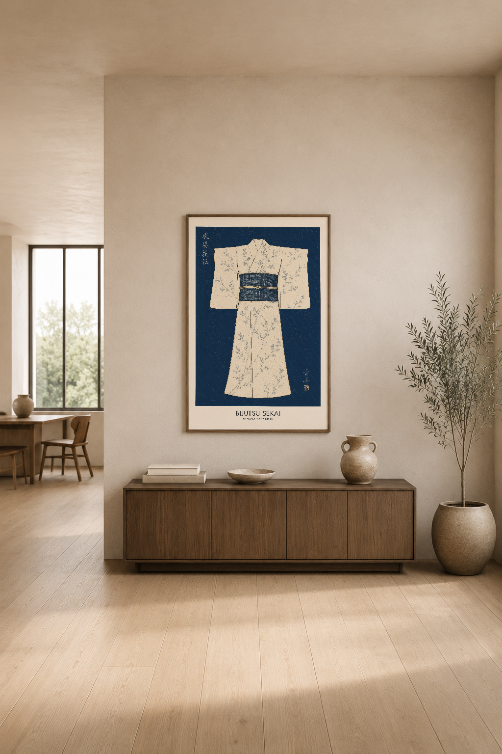 Çiçekli kimono tasarım posteri, doğal ahşap mobilyalar ve kemancı bitki aranjmanıyla şık bir yaşam alanında.