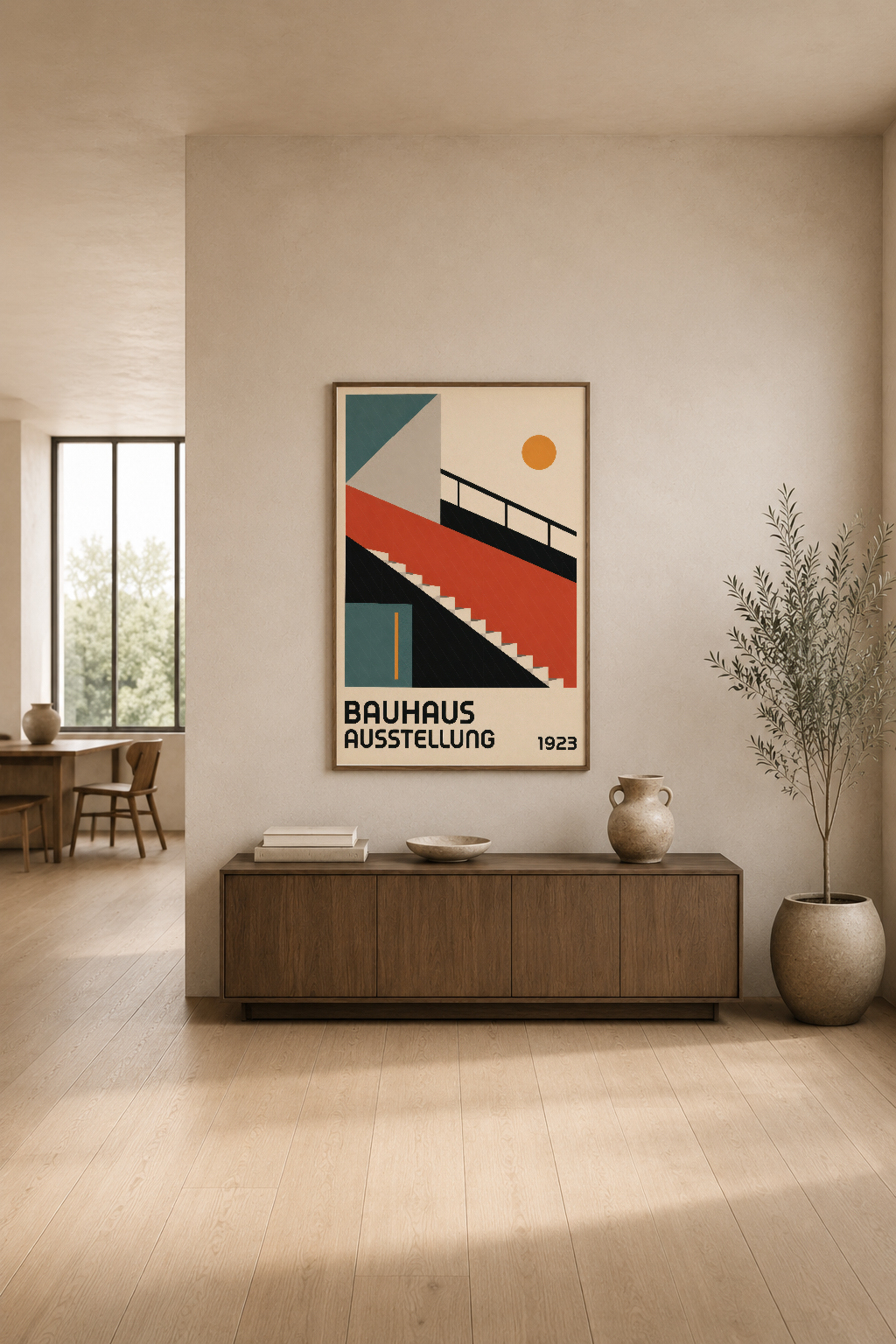 Bauhaus tarzı merdiven motifli duvar tablosu, modern iç mekanda minimalist dekorasyon.