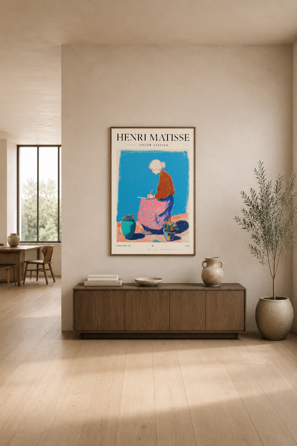 Henri Matisse renkli sanat eseri, minimalist oturma odasında mobilyasının üstünde şık ve modern bir görünüm yaratıyor.