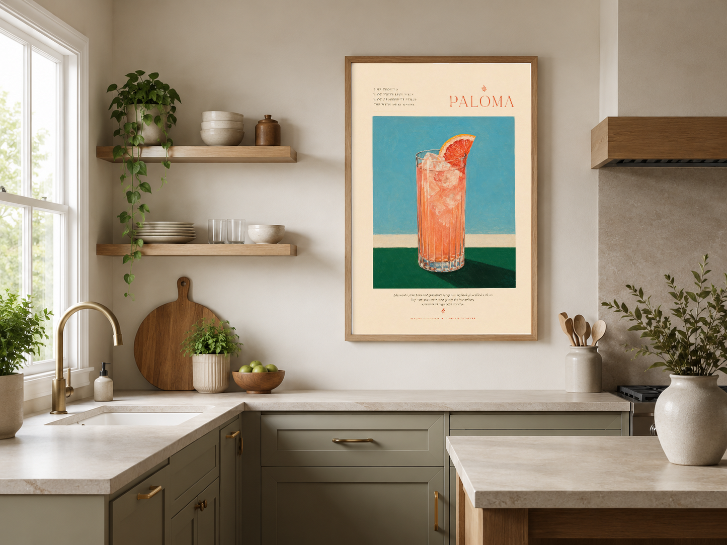 Retro Paloma poster, türkçe tipografi detayı ve geometrik renklerle ahşap çerçeveli mutfak dekorasyonunda.