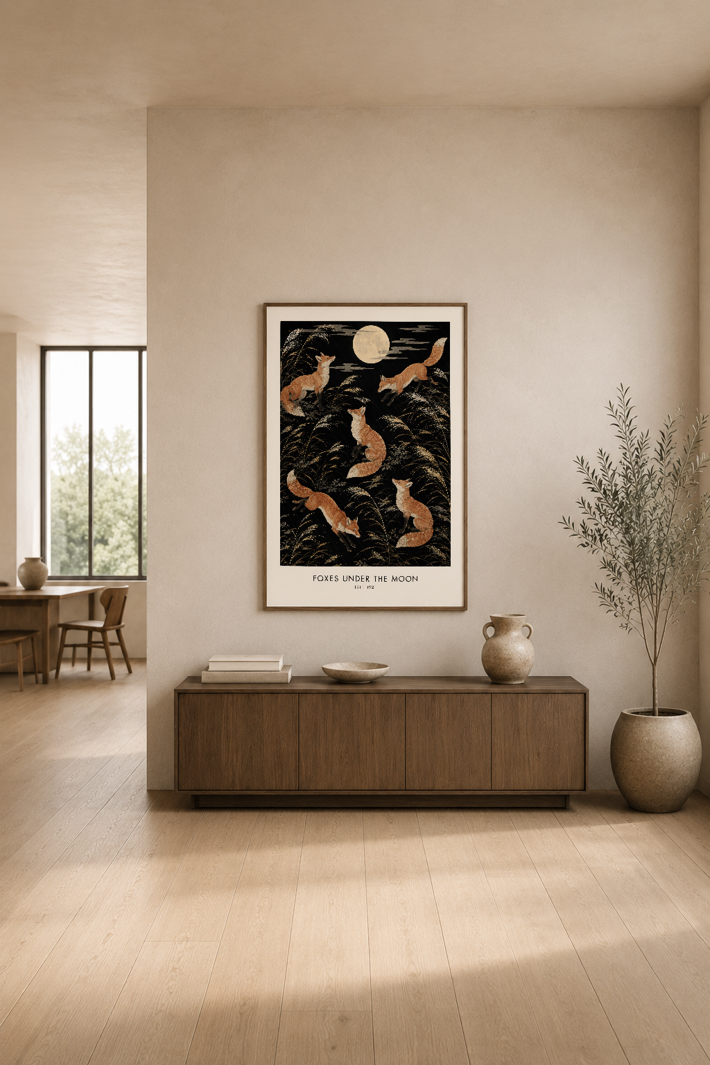 Tilkiler ve ay motifli poster, modern oturma odasının duvarında minimalist dekorasyon.