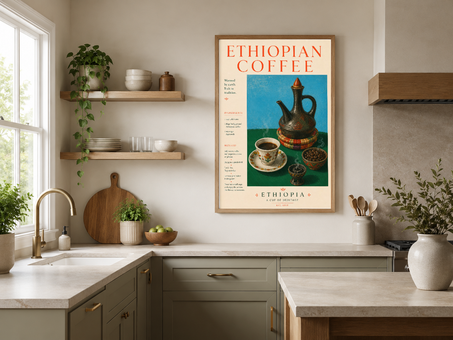 Etiyopya Kahvesi vintage posteri, ahşap çerçevede mutfak dekorasyonunun merkezinde.