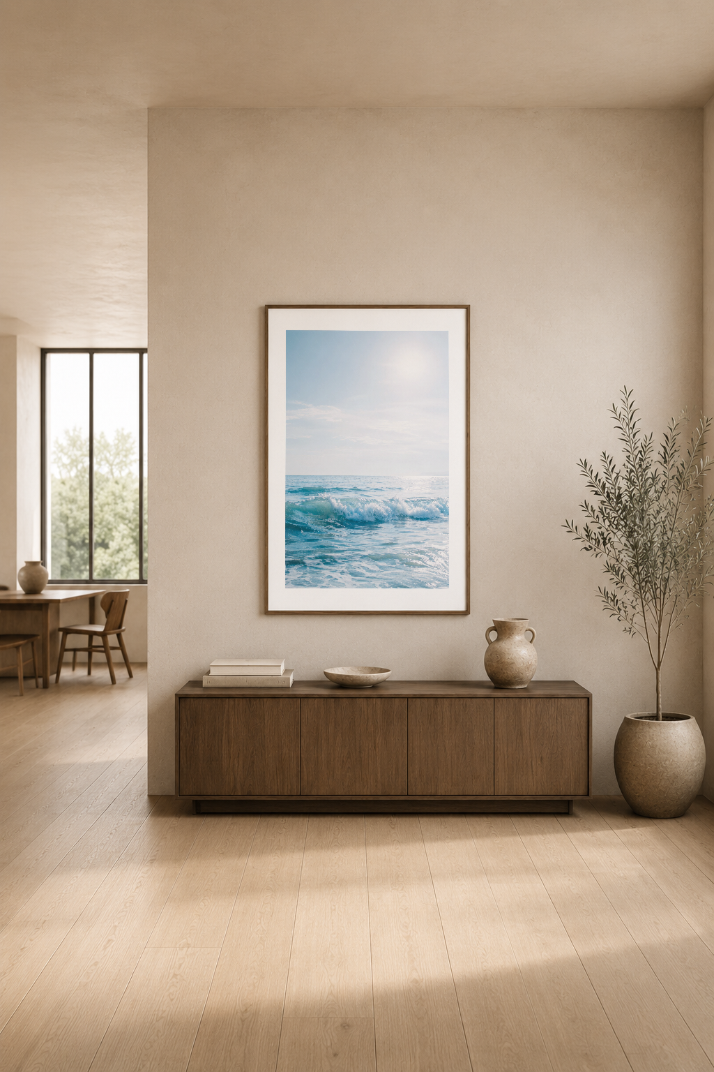 Sakin okyanus manzarasının yer aldığı modern poster, açık tasarımcı iç mekanda sergileniyor.
