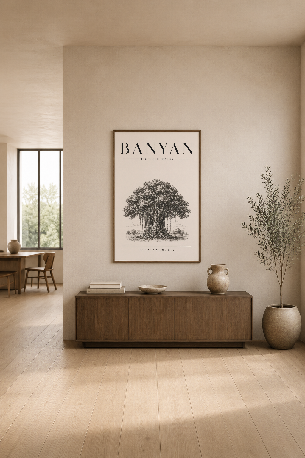 Banyan duvar posteri, ahşap dresuar üstünde, krem tonlu modern oturma odasında sakin ve zarif bir atmosfer yaratıyor.