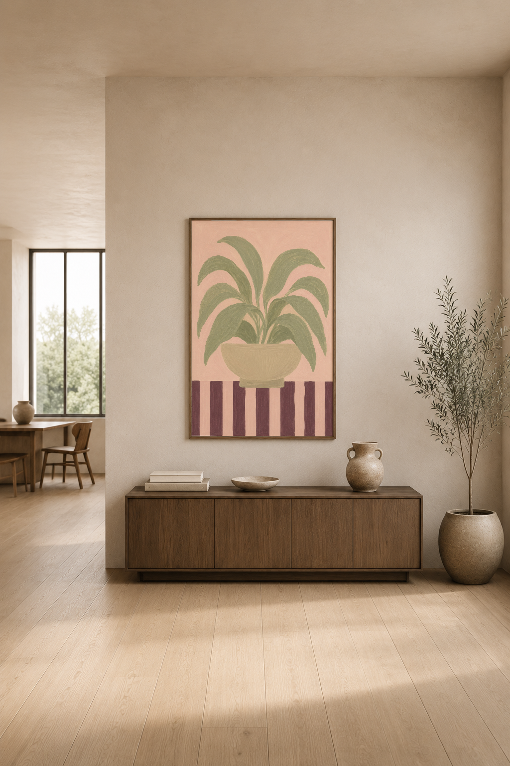 Retro tarzda yeşil bitki motifleri ve mor çizgili tasarım, minimalist iç dekora uyum sağlayan tabloda.
