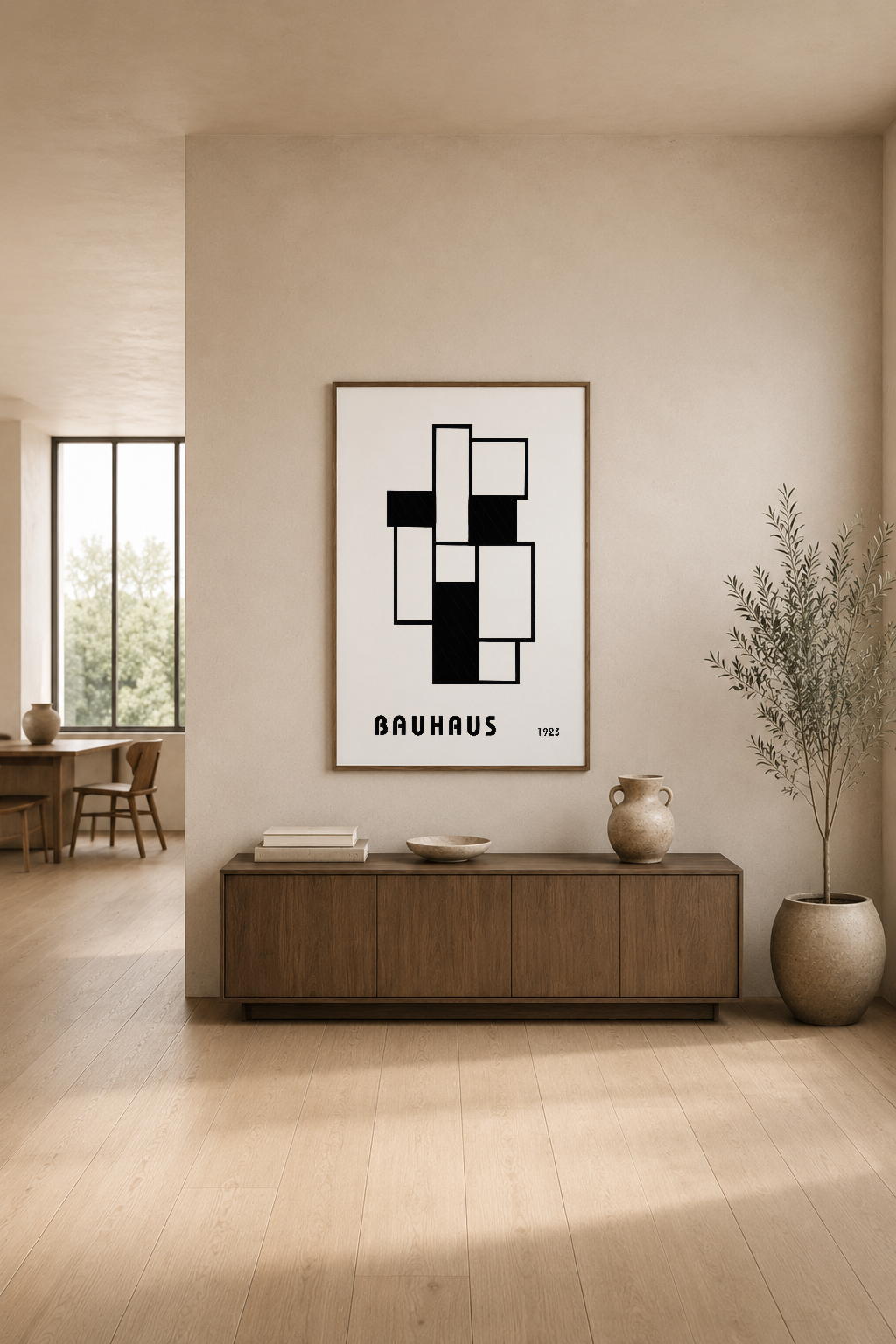 Bauhaus 1923 poster, modern oturma odasında ahşap mobilyaların üstünde siyah beyaz sanat.