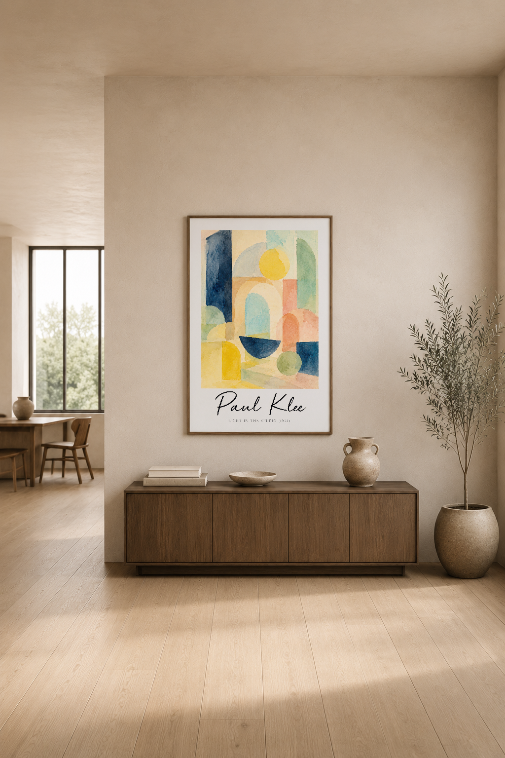 Renkli soyut Paul Klee posteri, minimalist oturma odasında ahşap konsol üstünde asılı.