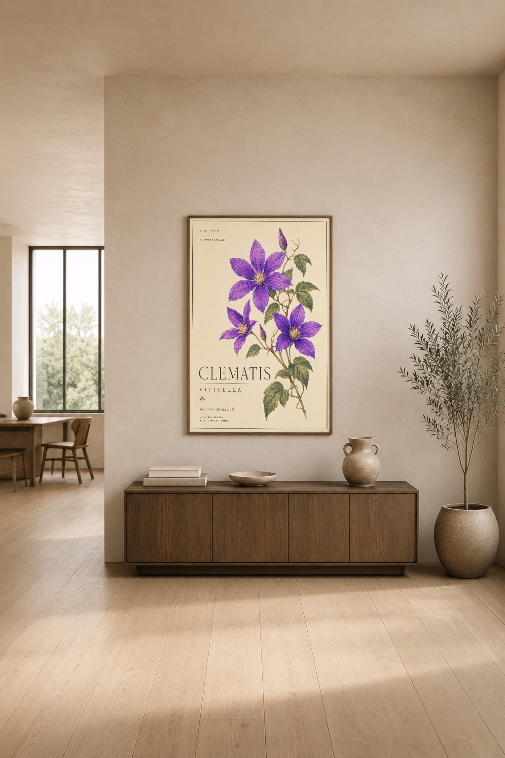 Açık renkli oturma alanında, clematis baskısı modern ve klasik dekorasyon stilini harmanlayan poster.
