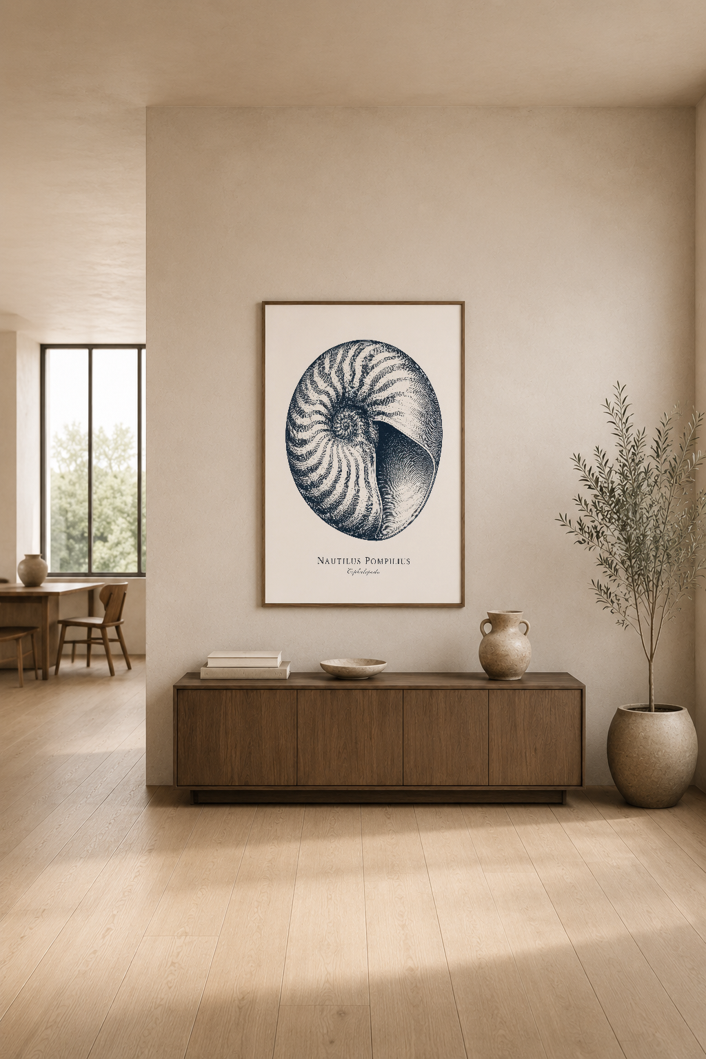 Nautilus kabuğu illüstrasyonlu poster, modern oturma odasında ahşap konsol üstünde, krem renkli duvar dekorasyonunda.