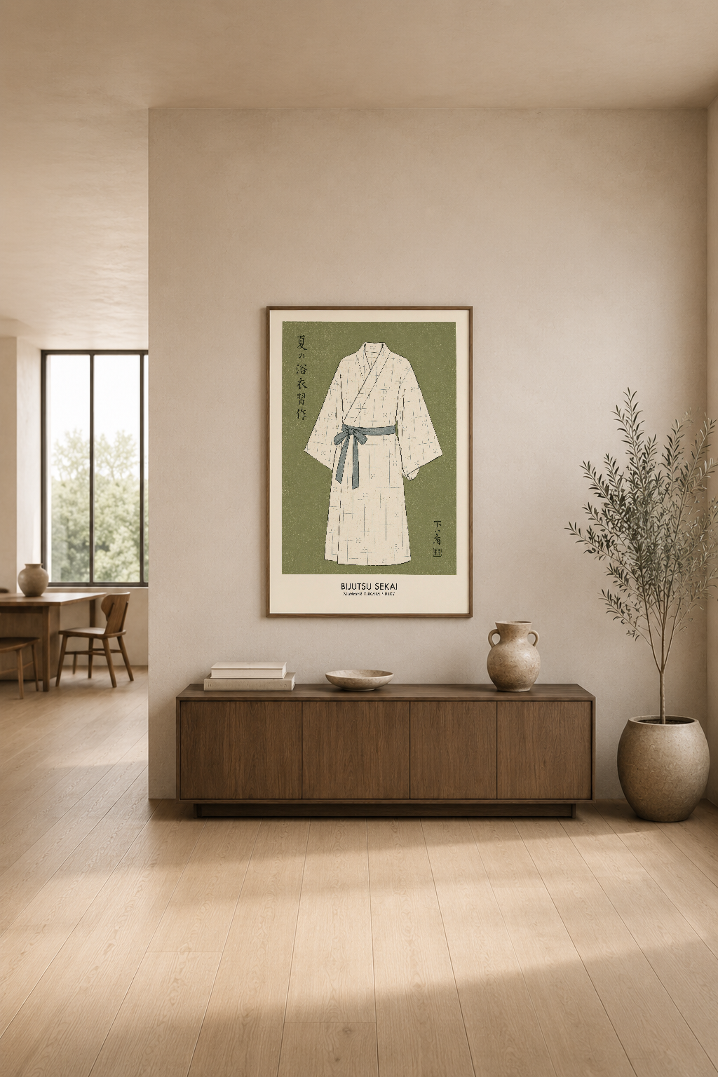 Minimalist oturma alanında ahşap konsol üstünde, Bijutsu Sekai yukata tablosu zarif ve sakin bir dekorasyon sunuyor.