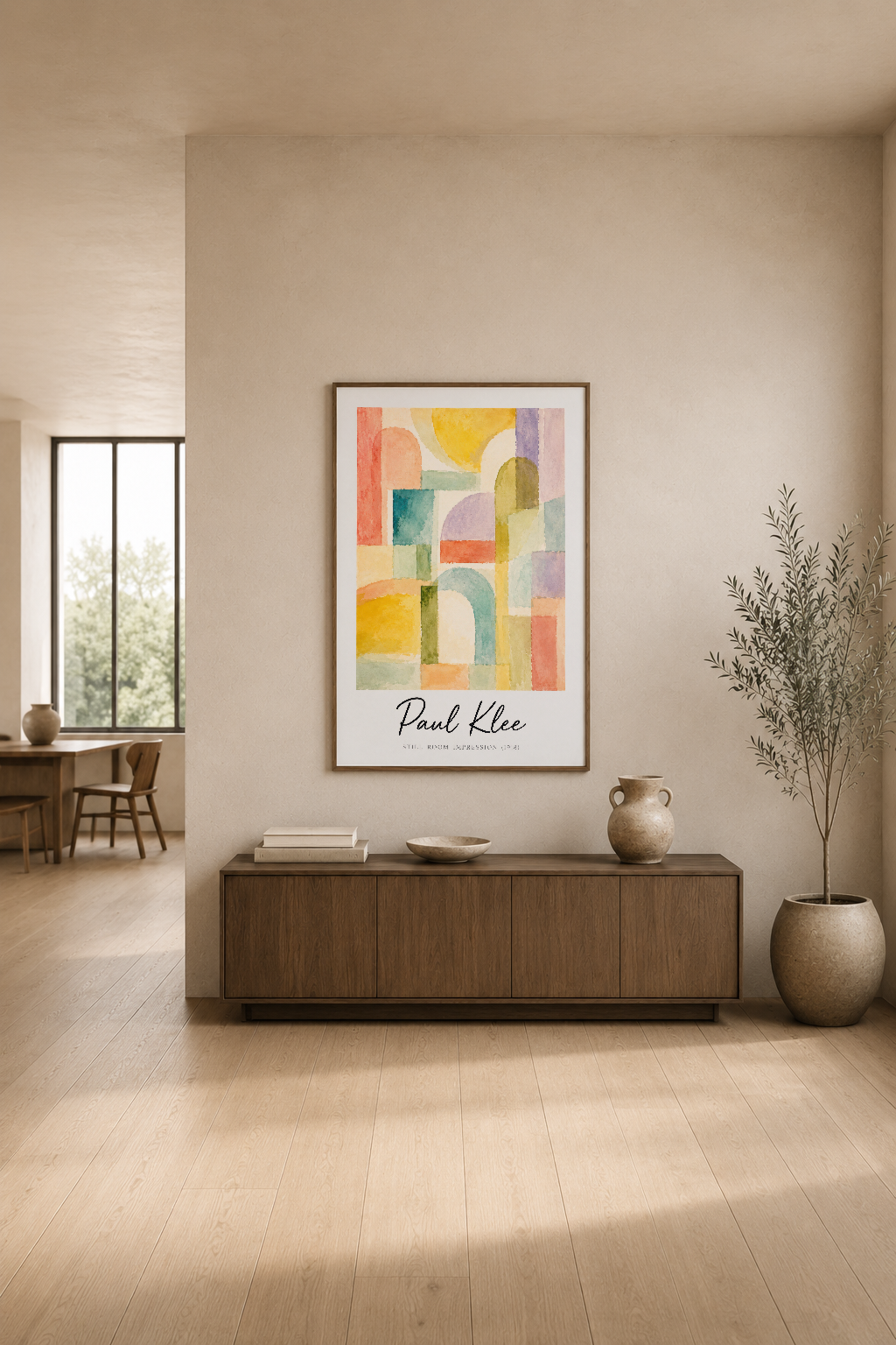 Paul Klee tablosu, modern oturma alanında ahşap mobilya ve bitkilerin yanında duvar sanatı olarak zarif bir şekilde