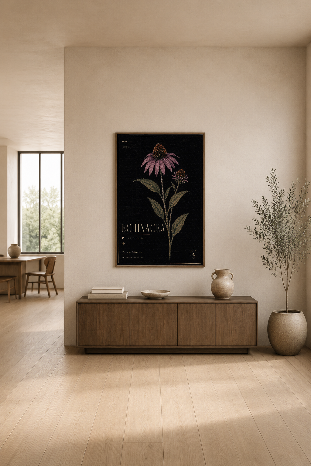 Echinacea tasarımlı siyah poster, modern oturma odasında ahşap mobilya üstünde şık duvar sanatı.