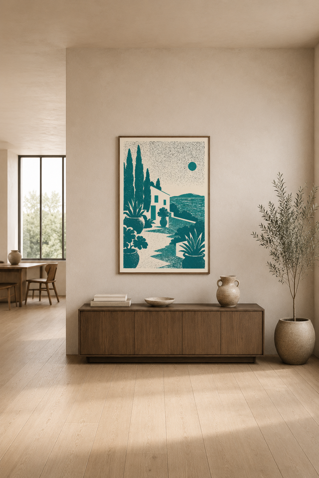 Mediterran bahçe manzarası poster, modern oturma odasında ahşap konsol üstüne asılı dekorasyon.