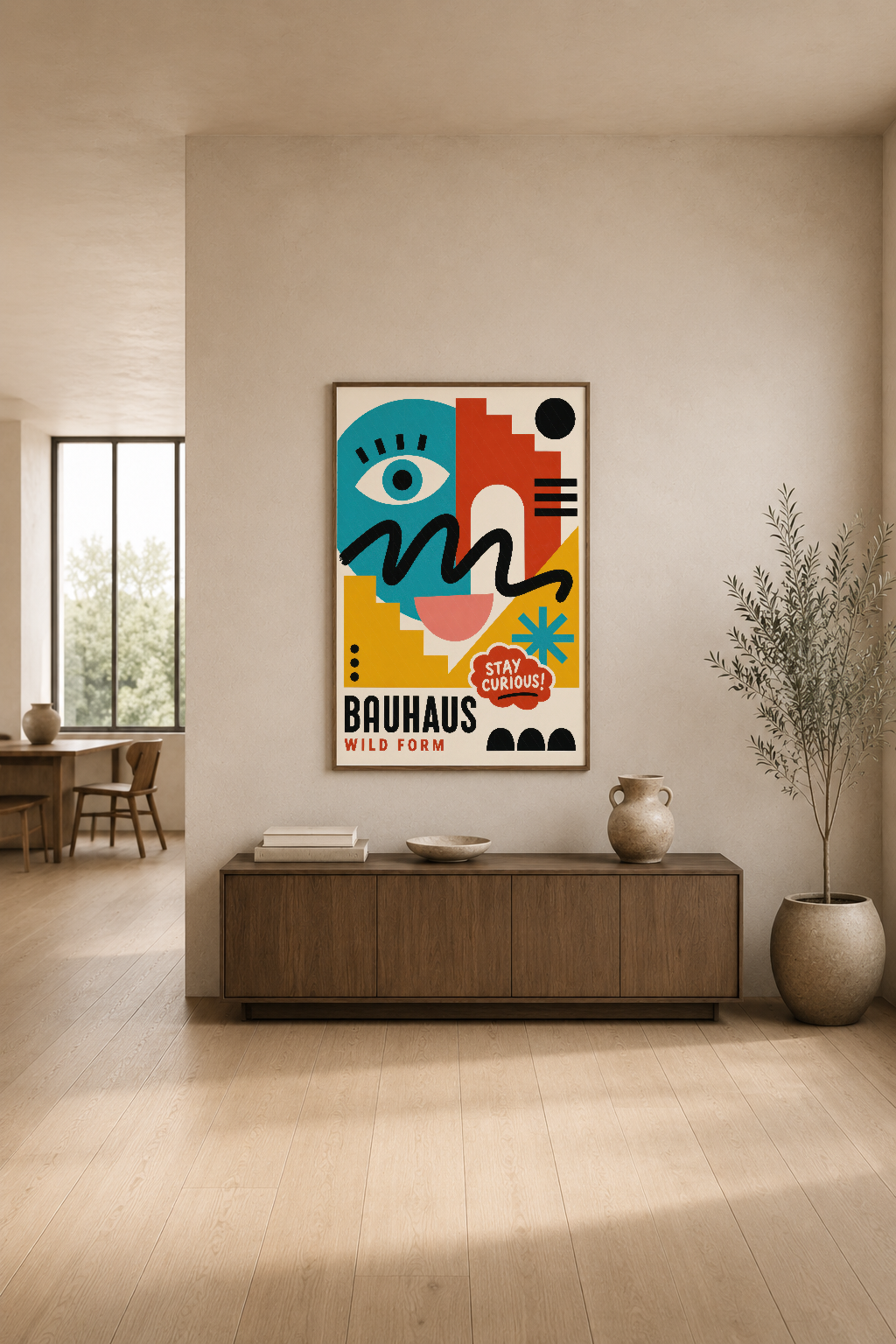 Bauhaus Wild Form posteri, canlı mavi, kırmızı ve sarı renkleriyle modern minimalist oturma alanında sergilenmekte.