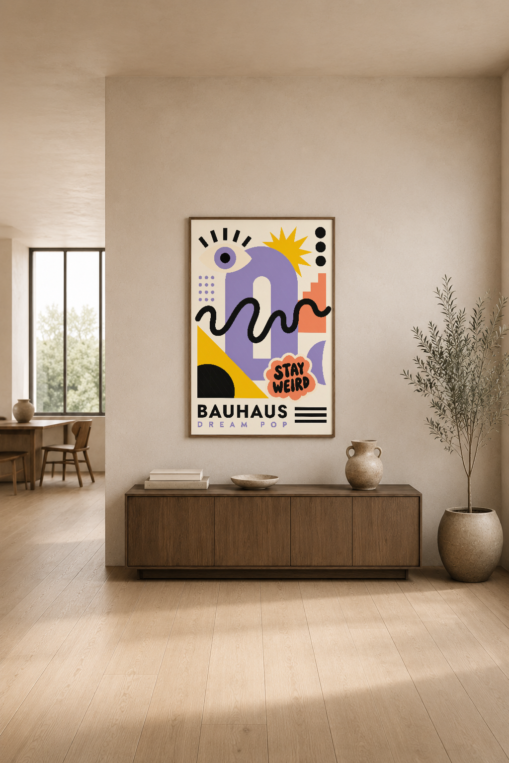 Bauhaus Dream Pop posterinin canlı geometrik ve organik formları, modern oturma odasının odak noktası.