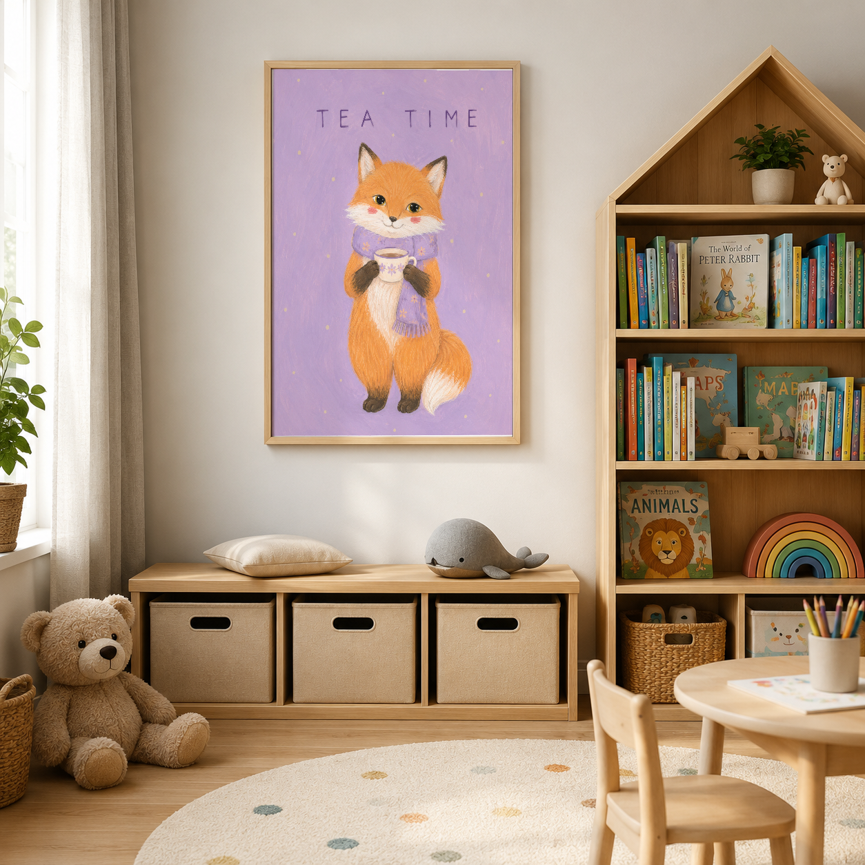 Mor tonlu tea time posteri, şirin kütüphaneli ve ahşap mobilyalı modern çocuk odası sahnesi.