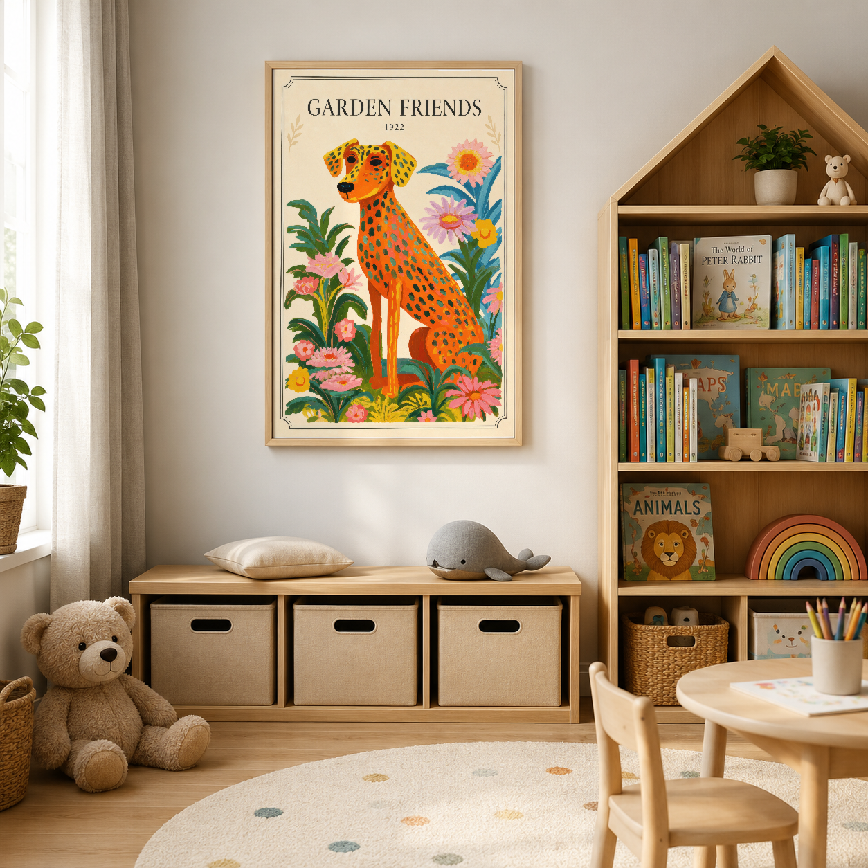 Vintage Garden Friends posteri, çocuk odasında ahşap raf ve oyuncakların üzerinde sergileniyor.