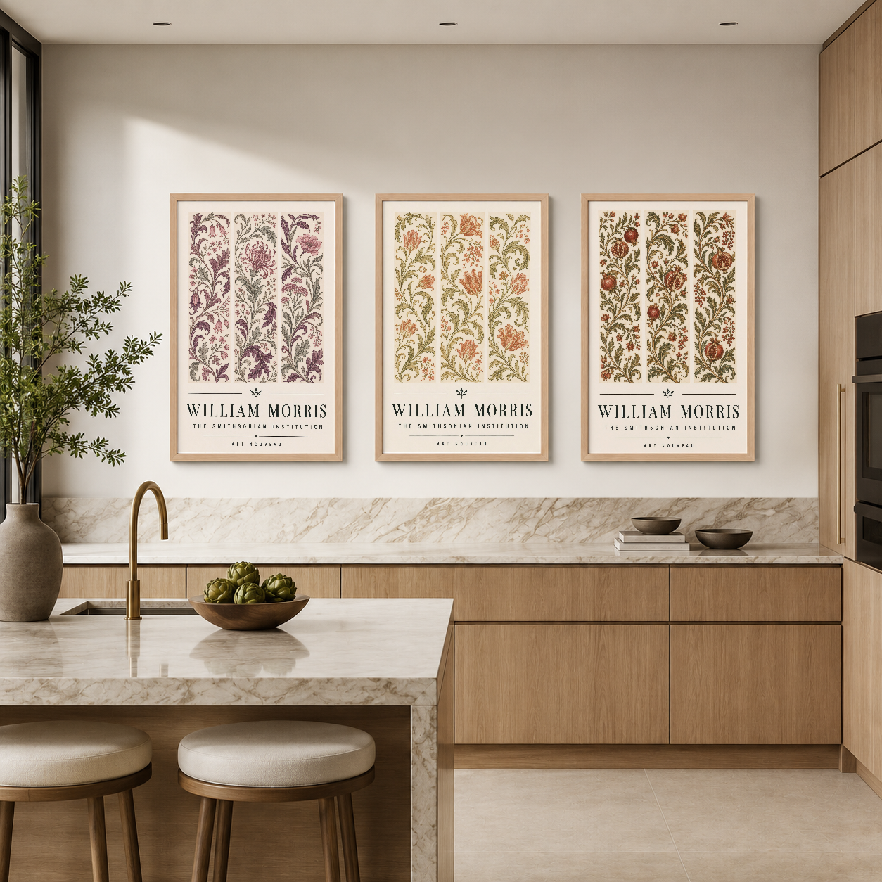 William Morris botanik motifli üç adet poster, şık mutfak tasarımında mermer backsplash üzerinde sergileniyor.