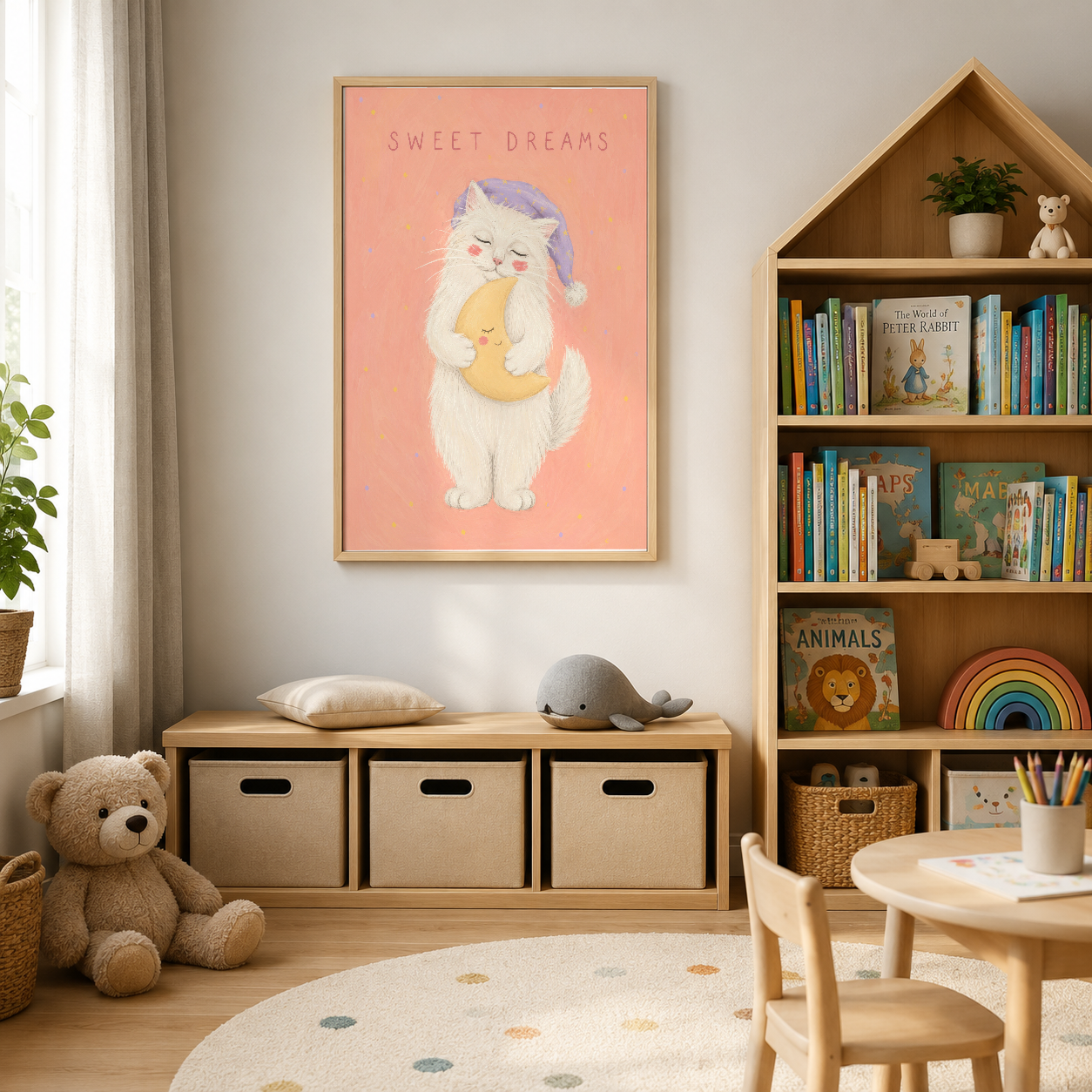 Pembe tonunda, sarı ayı tutan uyku halindeki kedi karakteri içeren dekoratif duvar posteri.