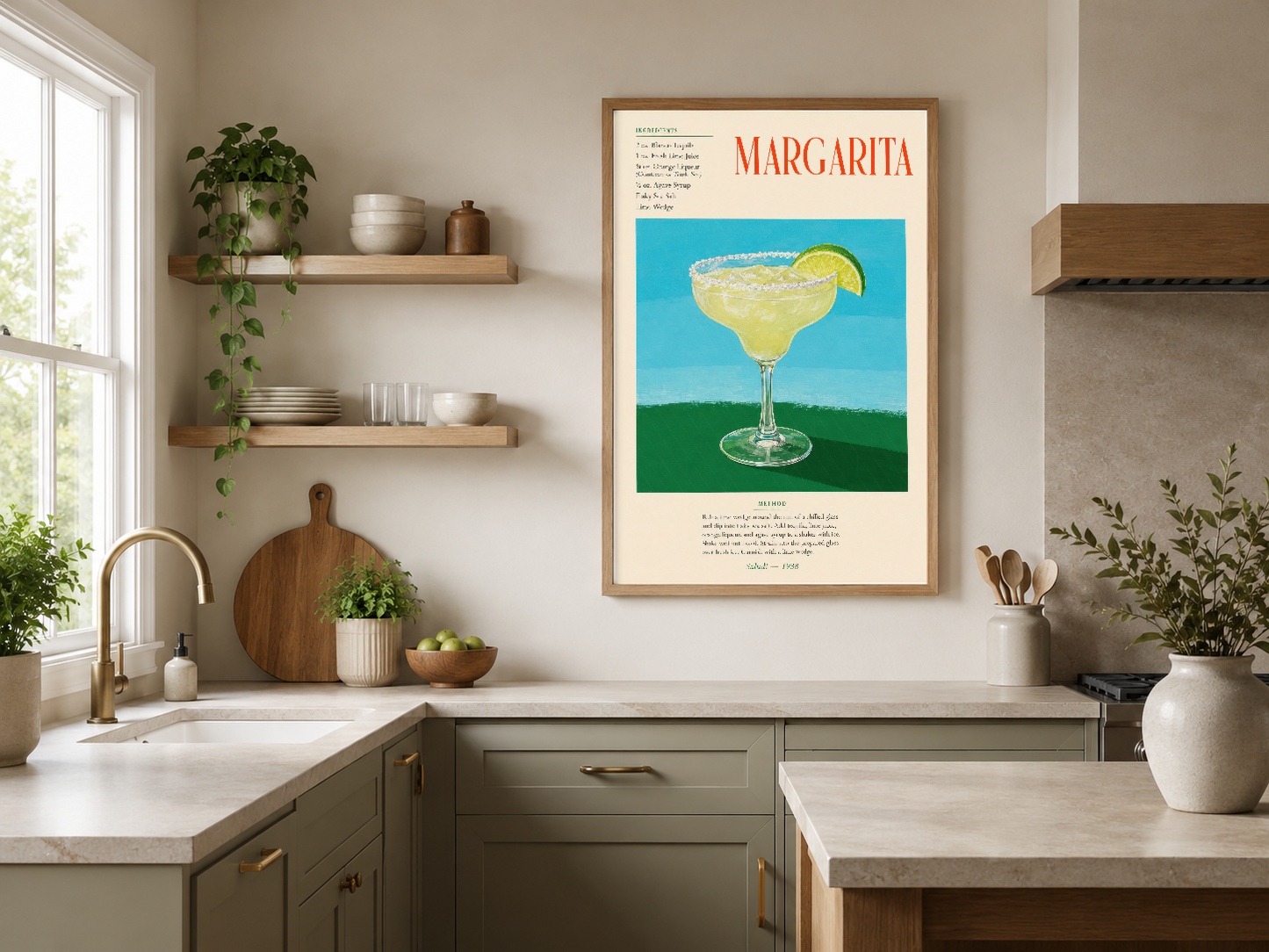 Klasik Margarita illustrasyonu, ahşap çerçeveli duvar tablosu modern mutfak dekorasyonunda yer alıyor.