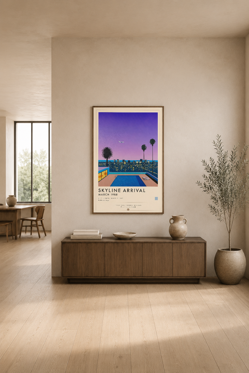 Minimalist bir oturma odasında, duvar tablosu olarak sergilenen vintage tarzı Skyline Arrival baskı.