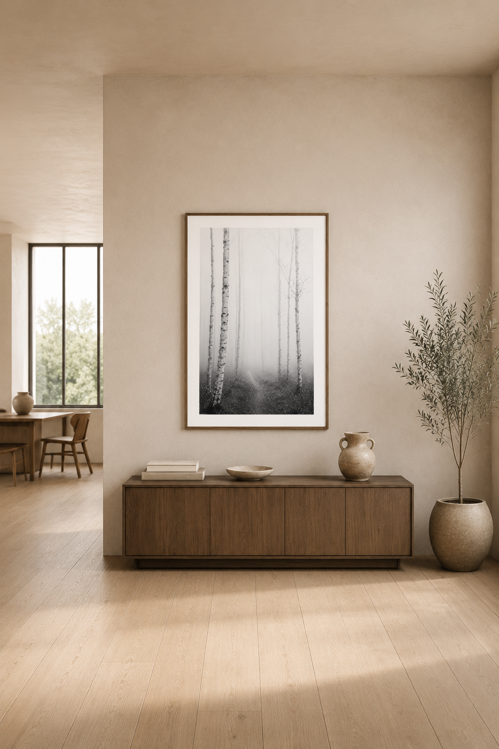 Doğal ışık alan oturma alanında, beige duvara asılan sisli ağaç yolu posterinin minimalist dekorasyonu.