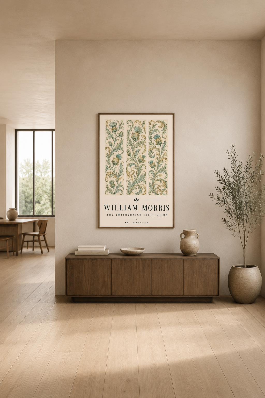 William Morris botanical poster, modern salon dekorasyonunda ahşap dolap üstünde asılı duruyor.