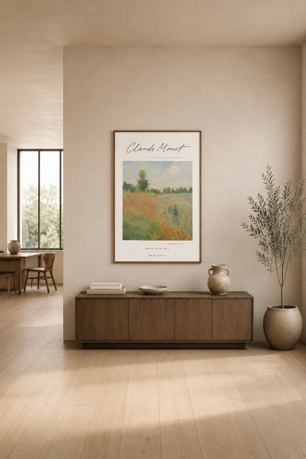 Monet'nin pastoral sanat eseri, minimalist oturma odasının duvarında doğal ışık altında.