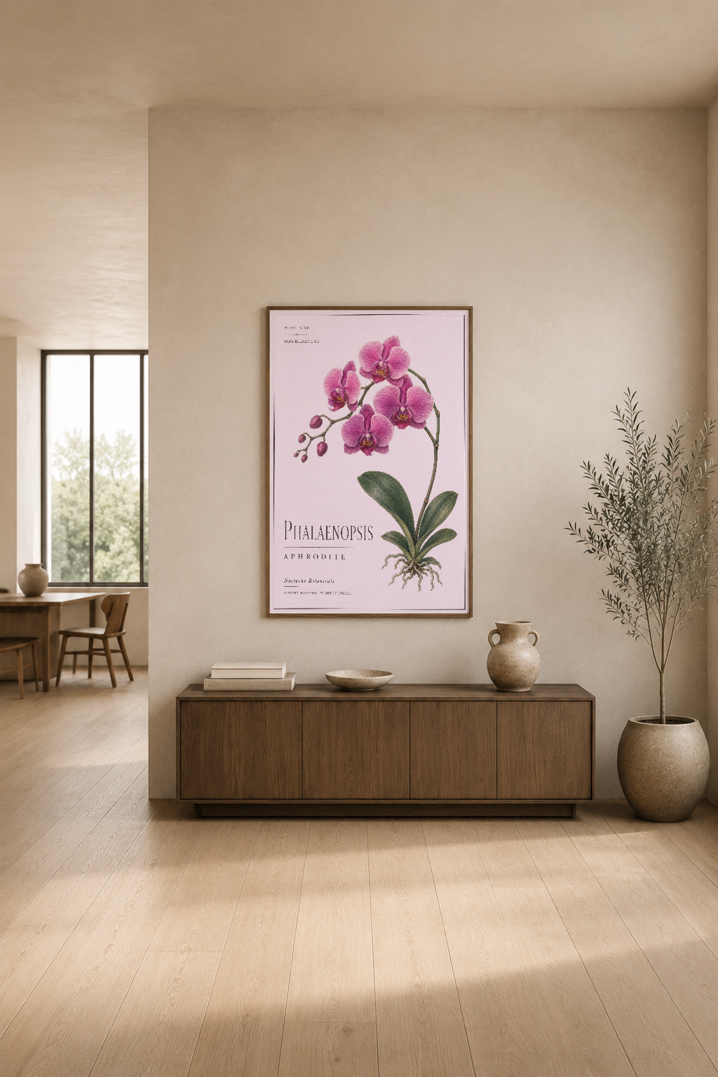 Zarif pembe renkli orkide posteri, açık modern oturma alanında konsol üstünde sergilenen duvar sanatı.