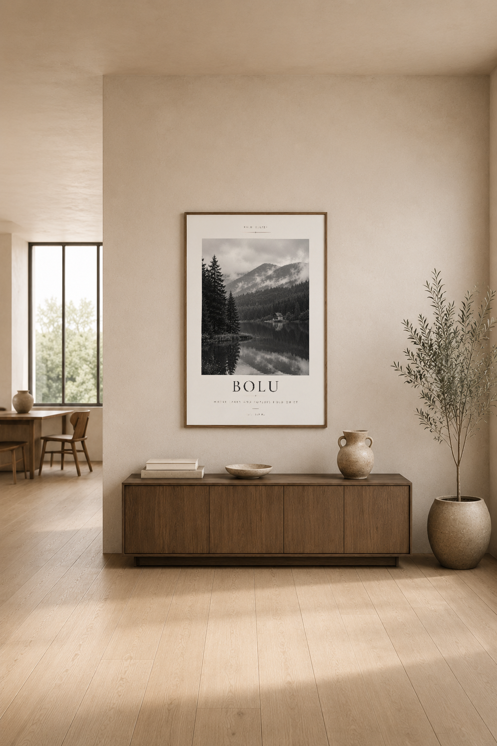 Huzurlu orman gölü sahnesi gösteren poster, modern salon dekorasyonunda ahşap konsol üstünde asılı durmakta.