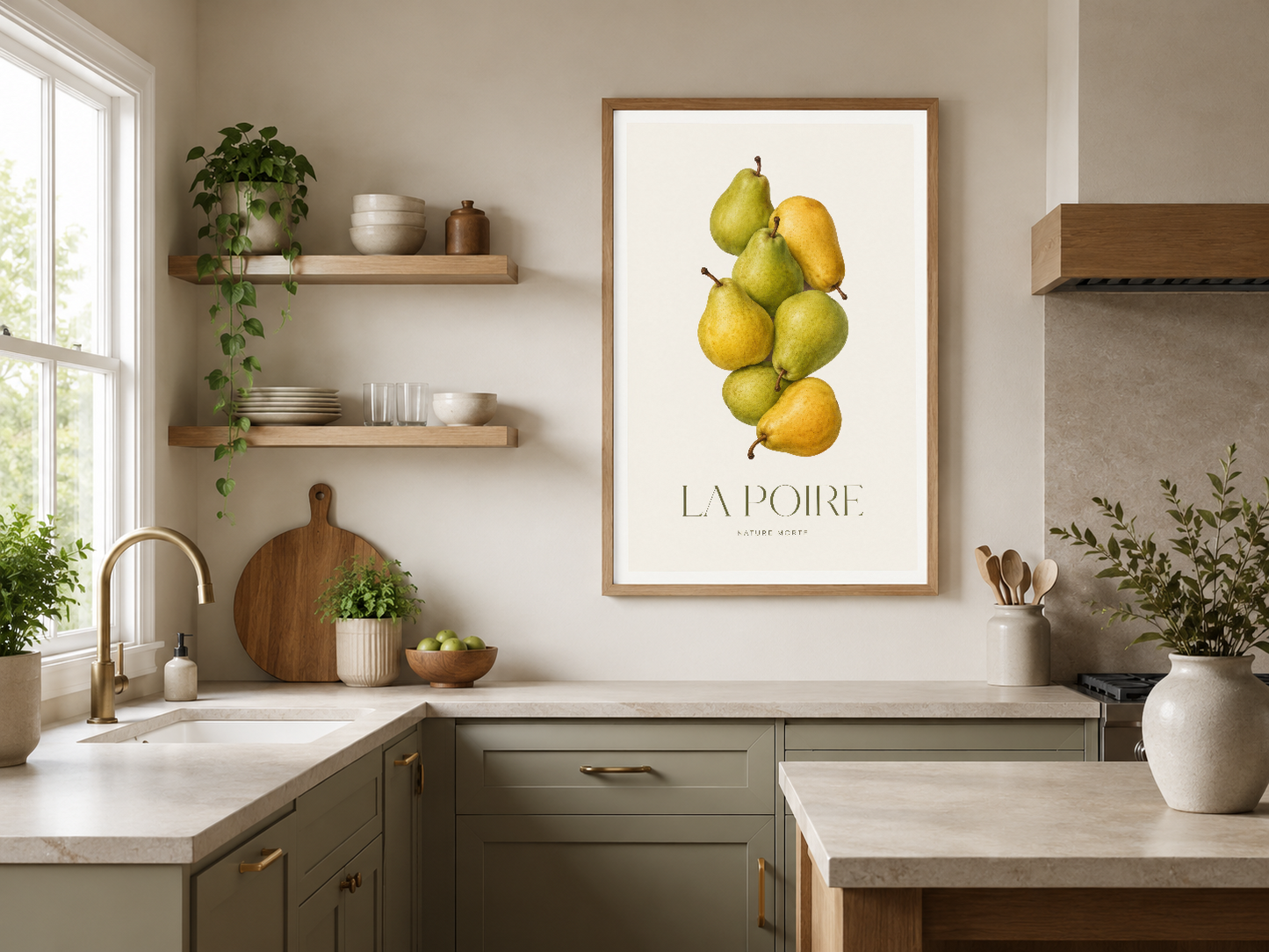 La Poire sanat tablosu, ahşap çerçevede minimalist mutfak tasarımında odak noktası.