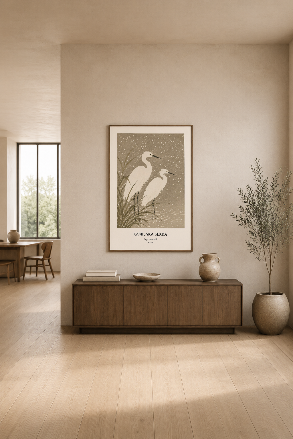 Krem tonda modern oturma odasında, konsol üstünde asılı duran narin kuş tasarımlı poster.