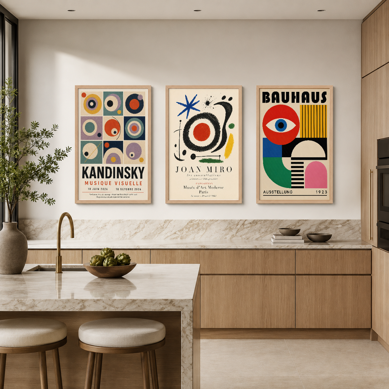 Renkli geometrik sanat posters, minimalist mutfak duvarında, mermer tezgahın üzerinde asılı.