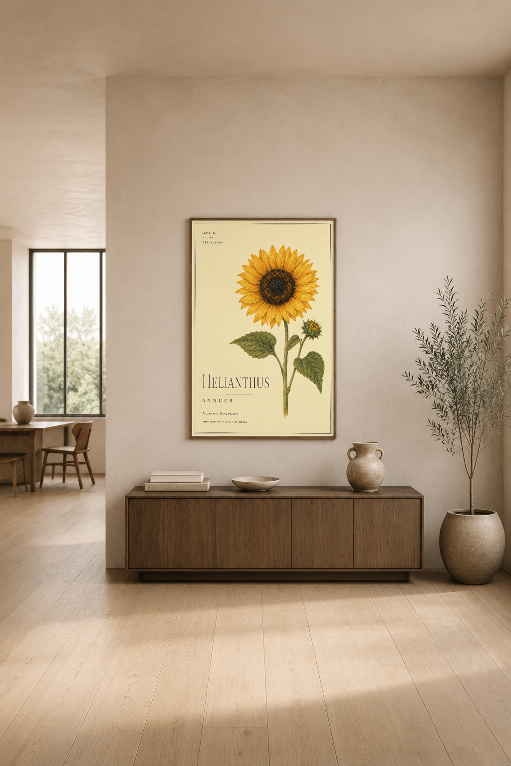 Helianthus ayçiçeği posterinin, modern oturma odasında ahşap konsol üzerinde zarif şekilde sergilenmesi.