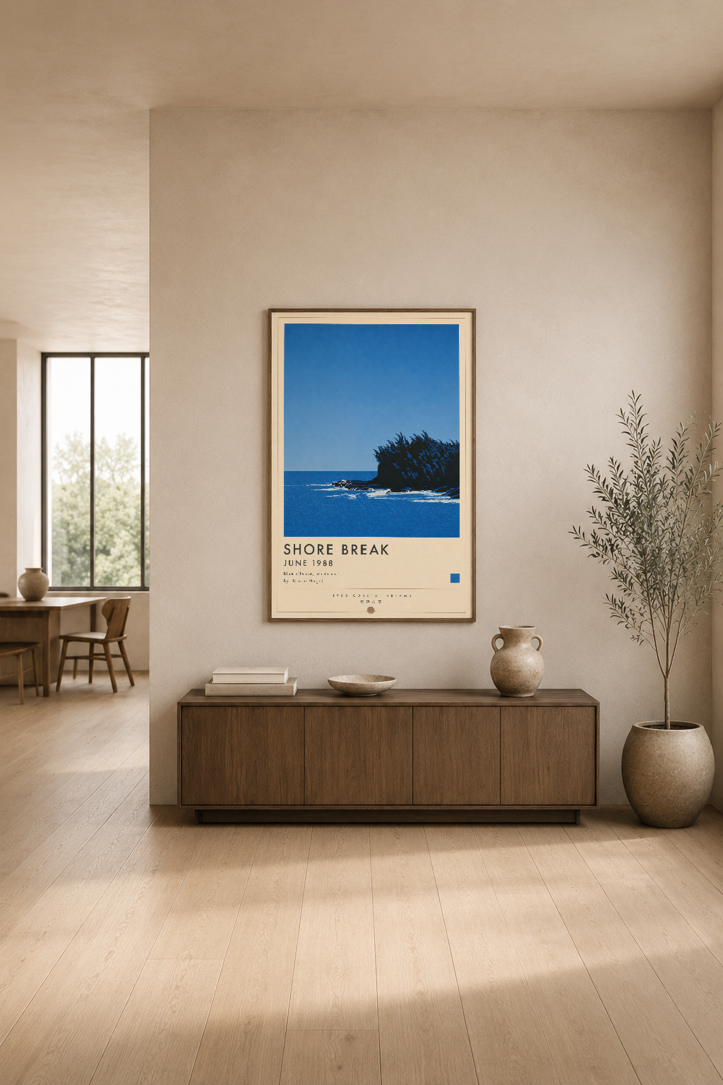 Shore Break başlıklı mavi okyanus ve ada görüntülü modern poster, salon duvarında dekoratif tablo.