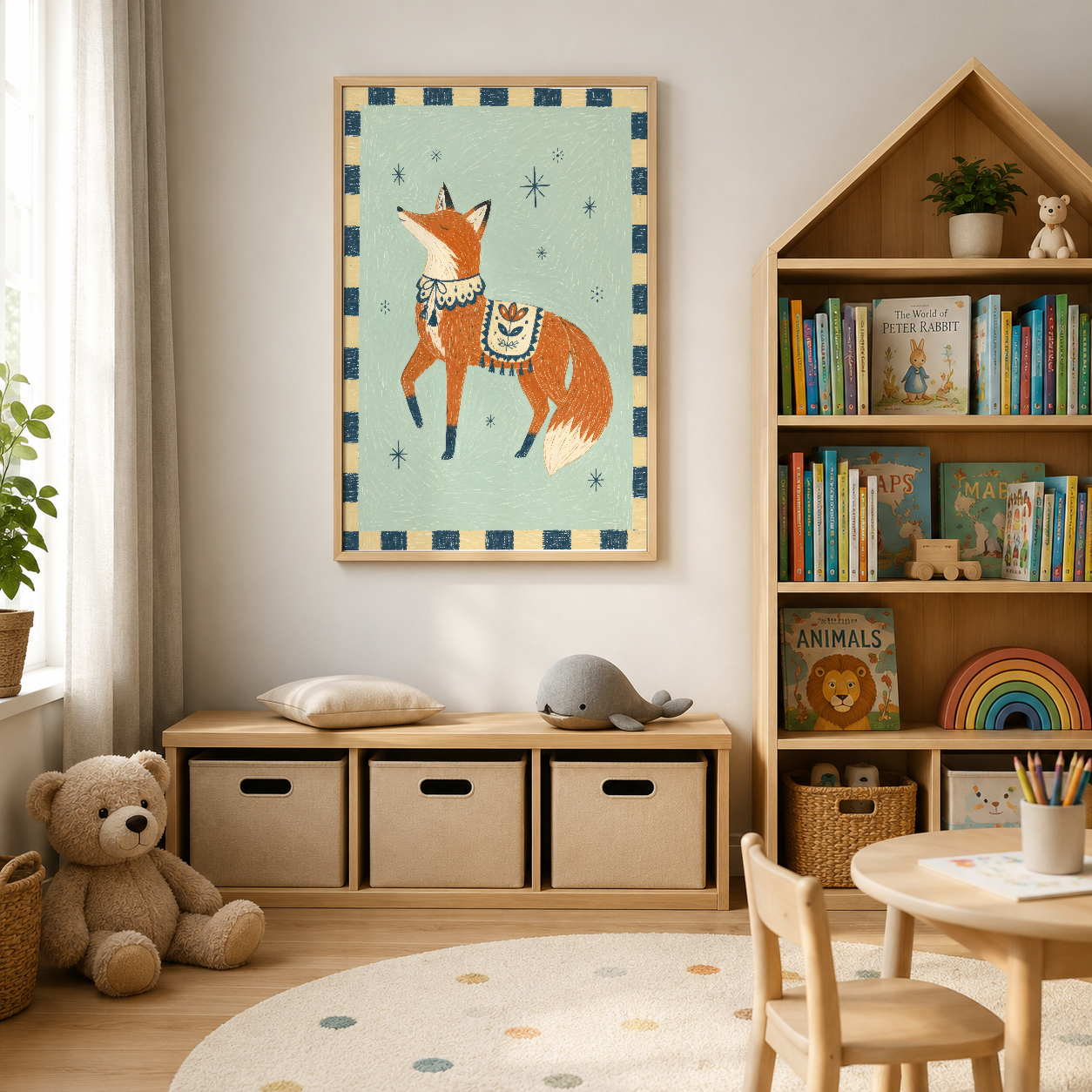 Doğal ahşap mobilyalarla dekore edilen çocuk odasında, etnik desenli lama posterinin görkemli sunumu.