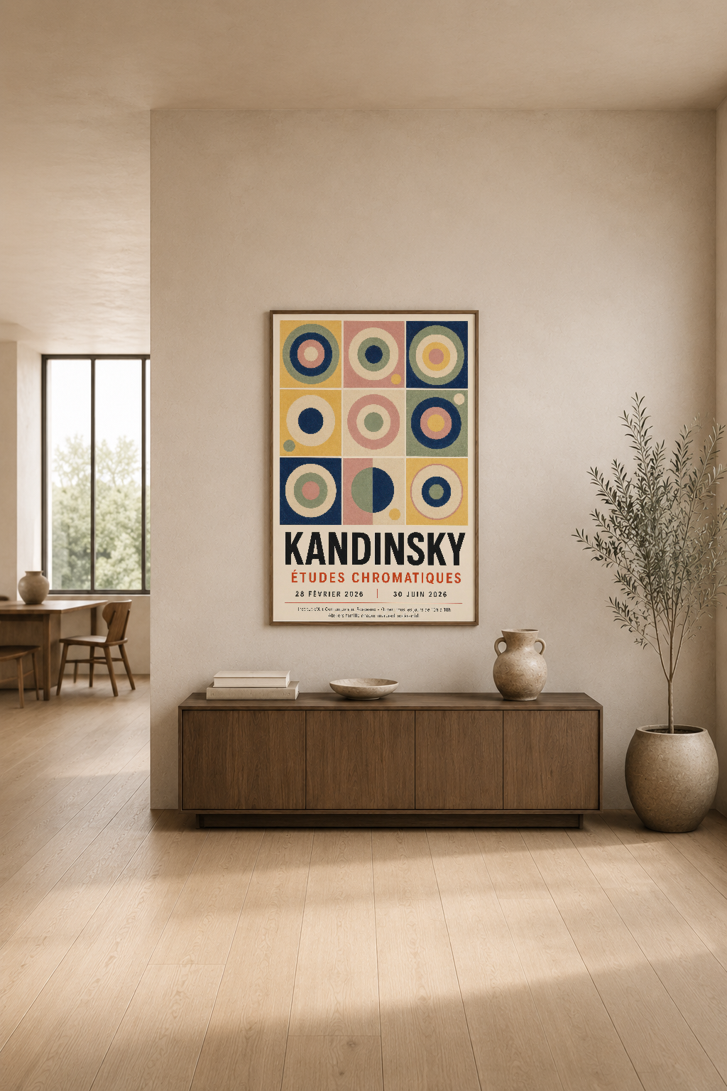 Kandinsky Etudes Chromatiques posteri, modern oturma odasında ahşap konsol üstünde asılı.