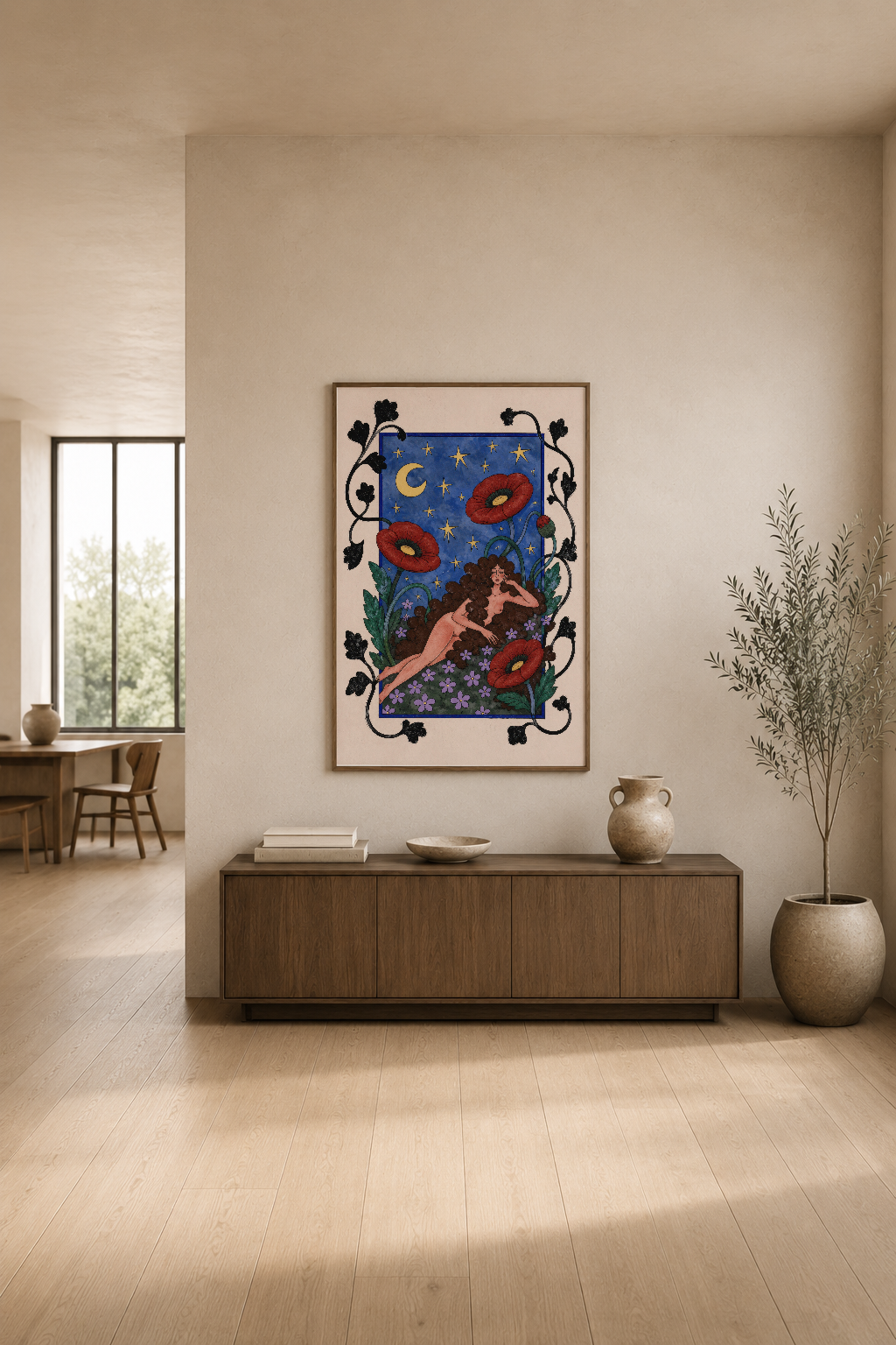 Çiçek motifleri ve gece gökyüzü tasarımıyla figüratif sanat tablosu, modern oturma alanında dresuar üstünde.