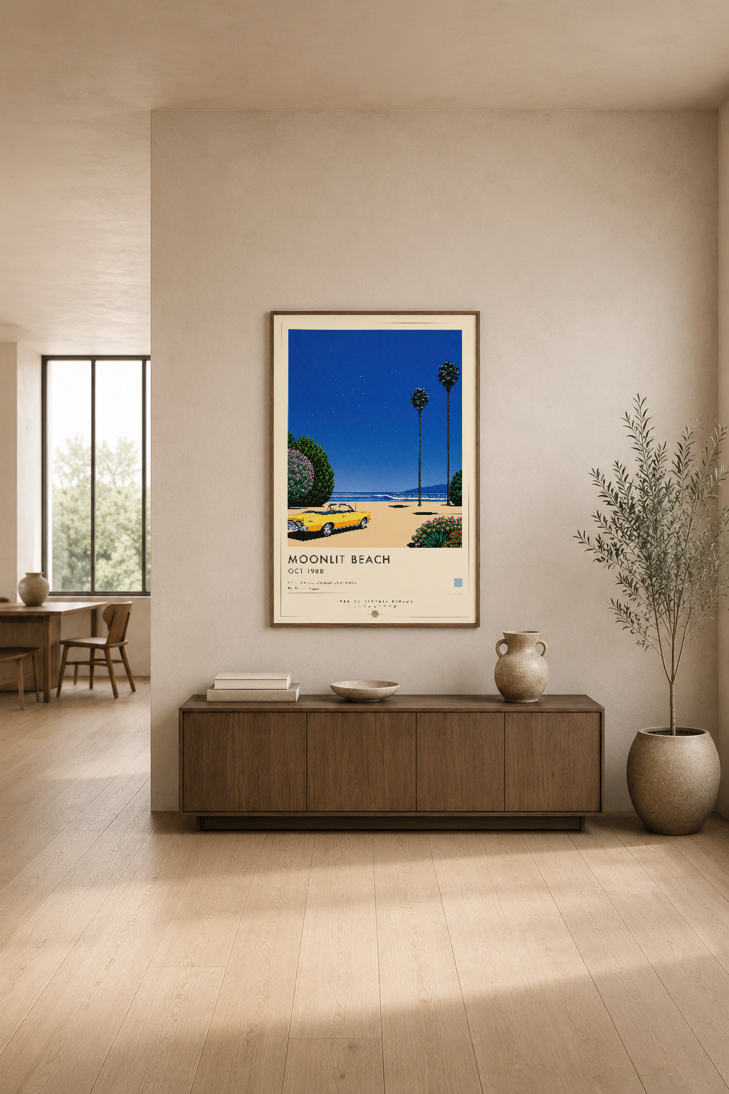 Retro sahil temalı Moonlit Beach sanat tablosu, minimalist modern oturma alanında duvar dekorasyonu.