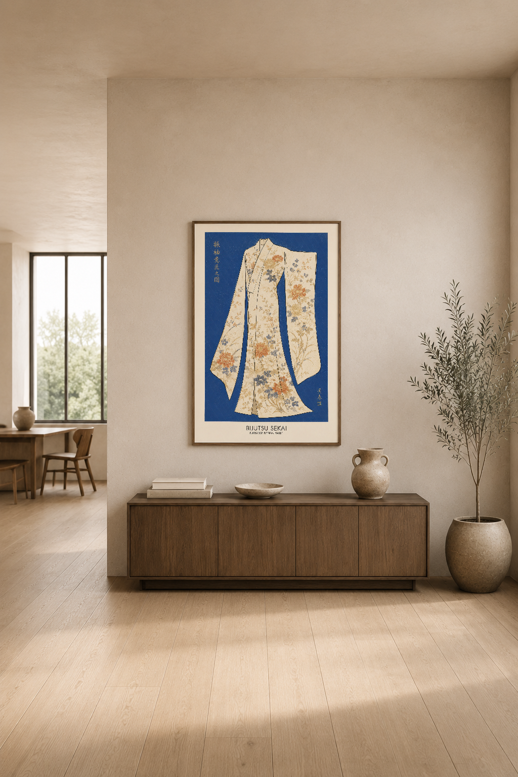 Modern oturma alanında duvarına asılı, klasik kimono motifli poster, minimalist dekorasyon tamamlayan Japon sanat eseri.