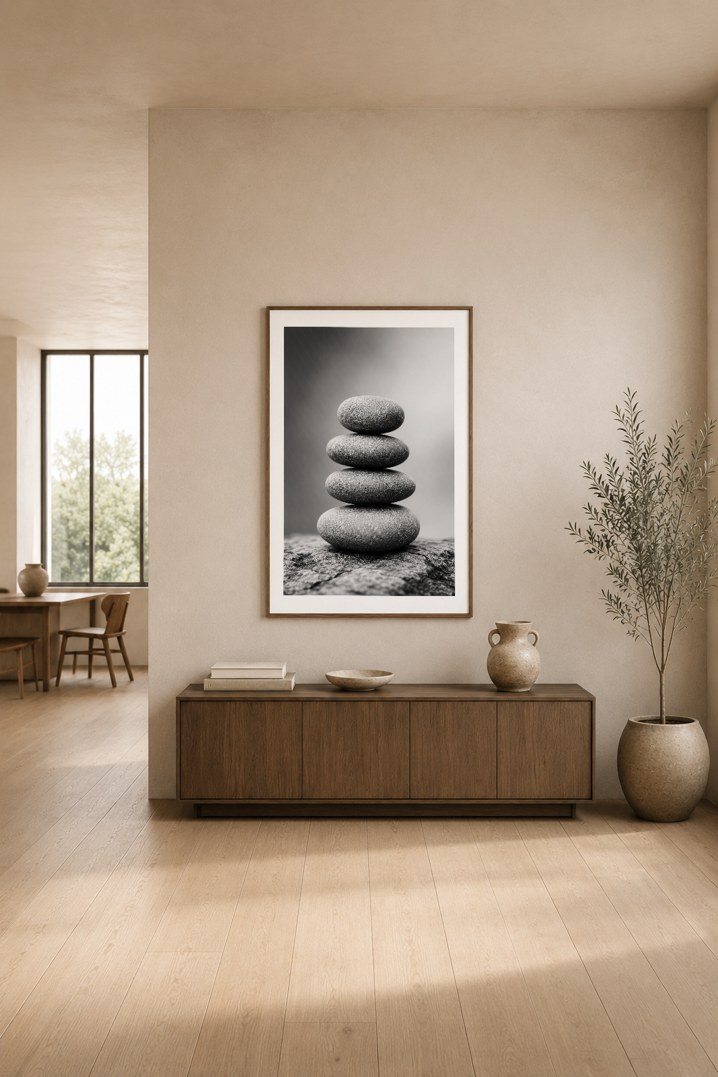 Stacked stones minimal art print, modern oturma odasında ahşap konsolun üstünde huzur veren dekorasyon