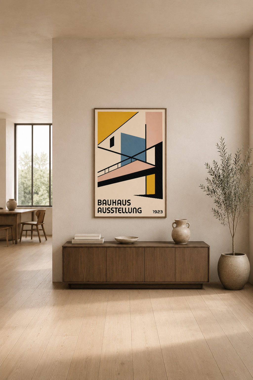 Bauhaus Ausstellung posteri, sarı-mavi-pembe geometrik motifler, modern oturma odasının duvar dekorasyon öğesi.