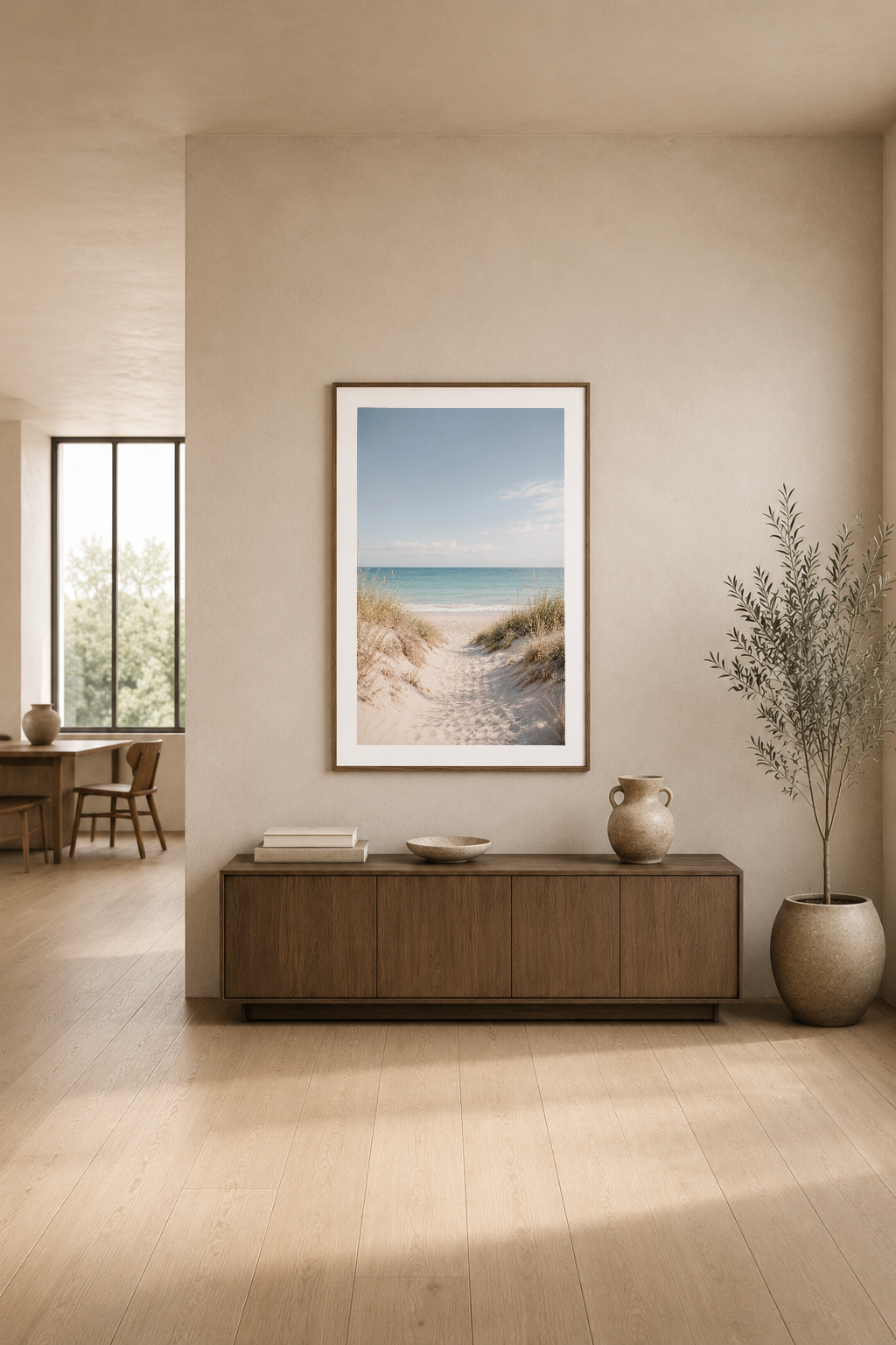 Deniz manzaralı poster, ahşap mobilya üzerinde, modern minimalist yaşam alanında sergilenen tablo.