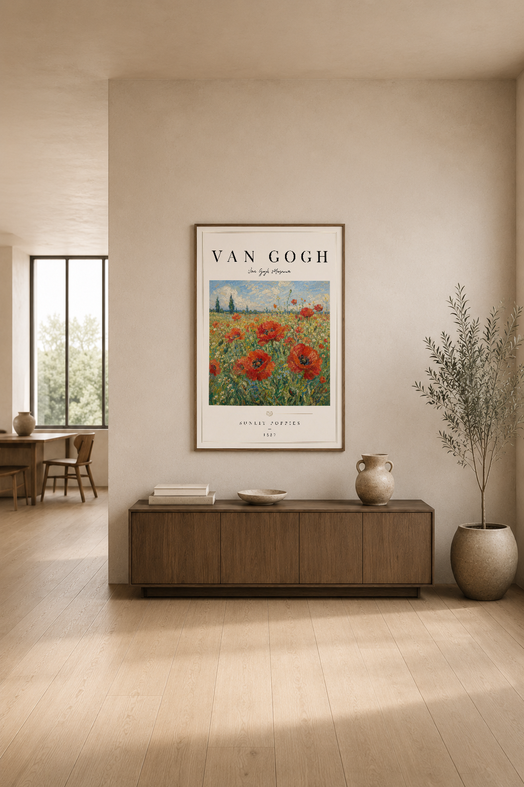 Van Gogh Ayçiçekleri posteri, minimalist oturma odasında konsol üstünde sergilenen klasik sanat tablosu.
