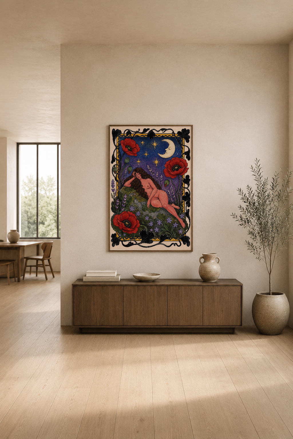 Ay ışığında dans eden figür ve parlak kırmızı haşhaşlarla bezeli sanat eseri, modern oturma odasının duvarında.